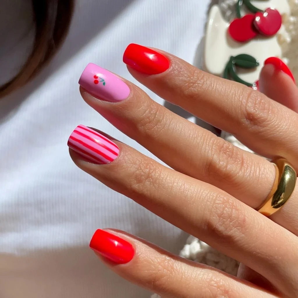 How to Do Cherry Watermelon Nails with Semilac Hybrid Polish - SEMILAC USA Blog cherry and watermelon nails